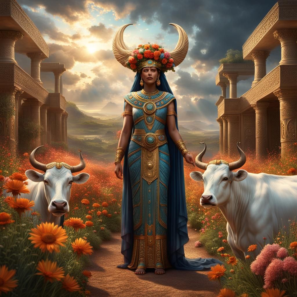 Ethereal Goddess Hathor with Cow in Digital Painting