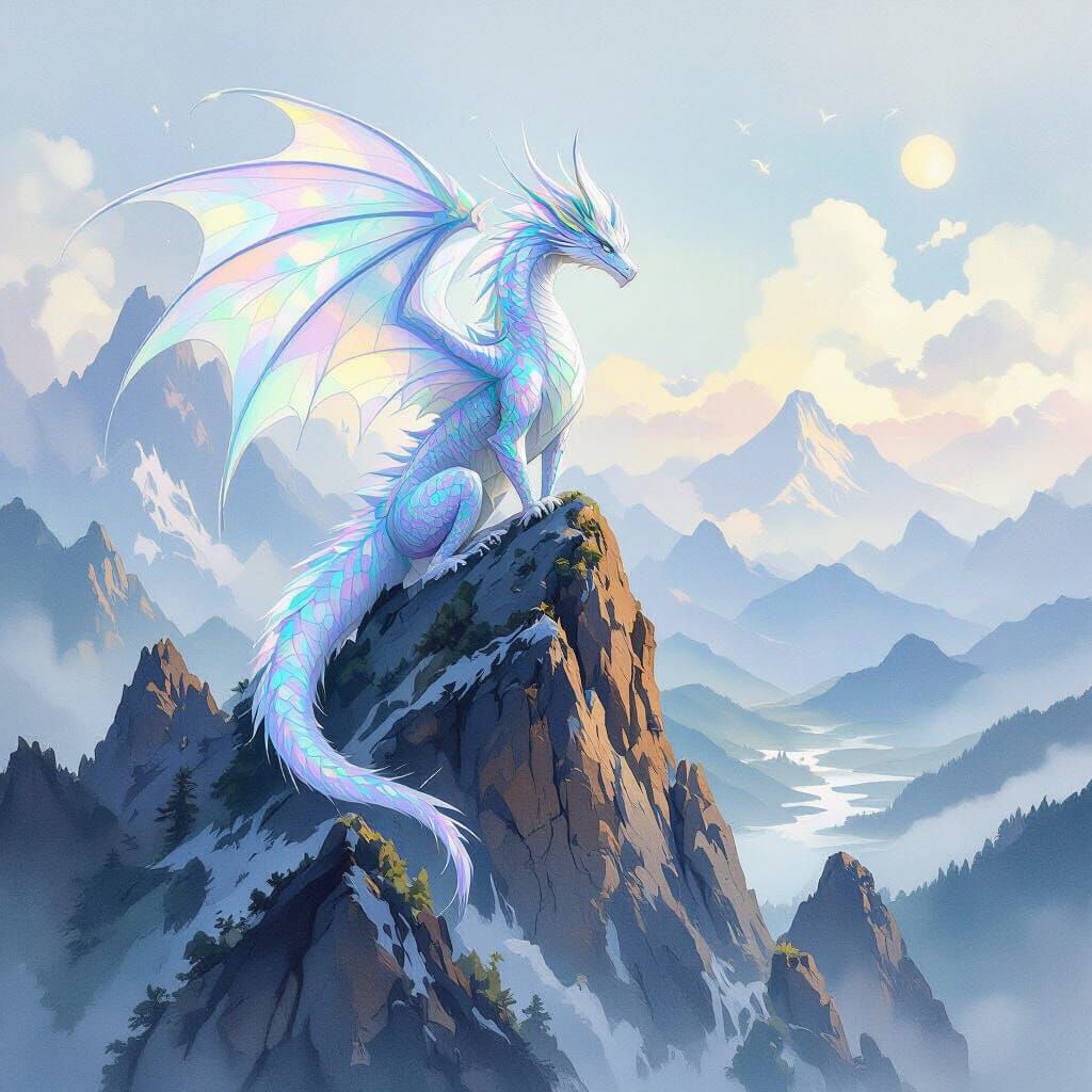 Crystalline Dragon on Mountain Peak in Watercolor Fantasy St...