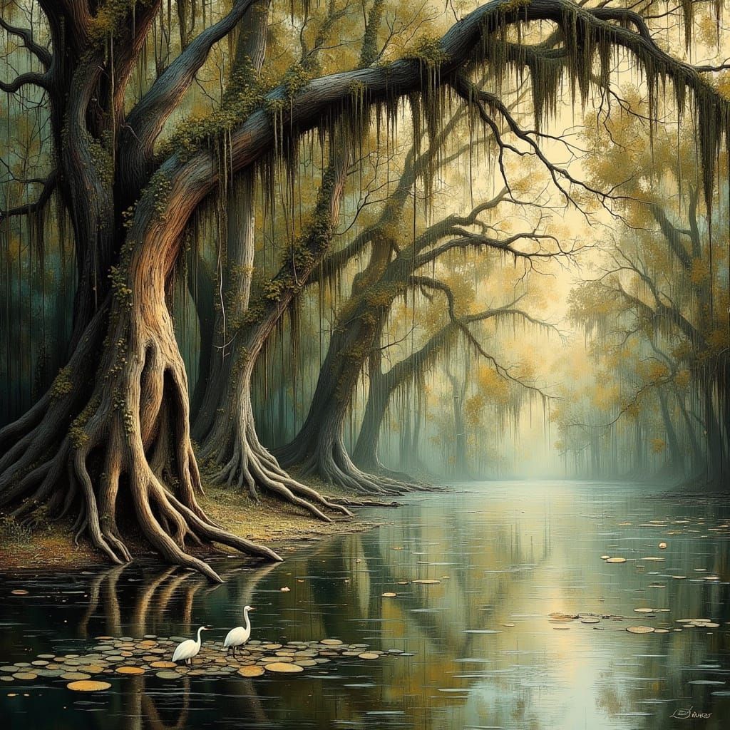 Dreamy Caddo Lake Bayou with Cypress Trees and Spanish Moss