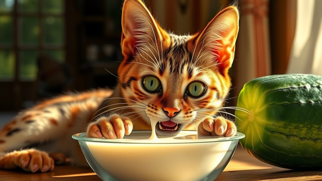 caracal playfully bats at a large, glossy bowl of milk, whil...