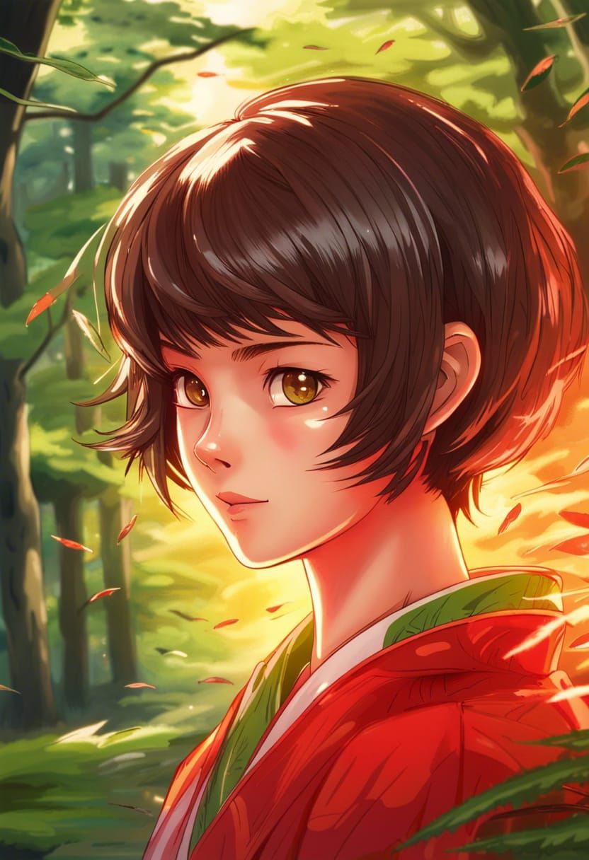 Brunette in Red Haori, Manga Art Portrait