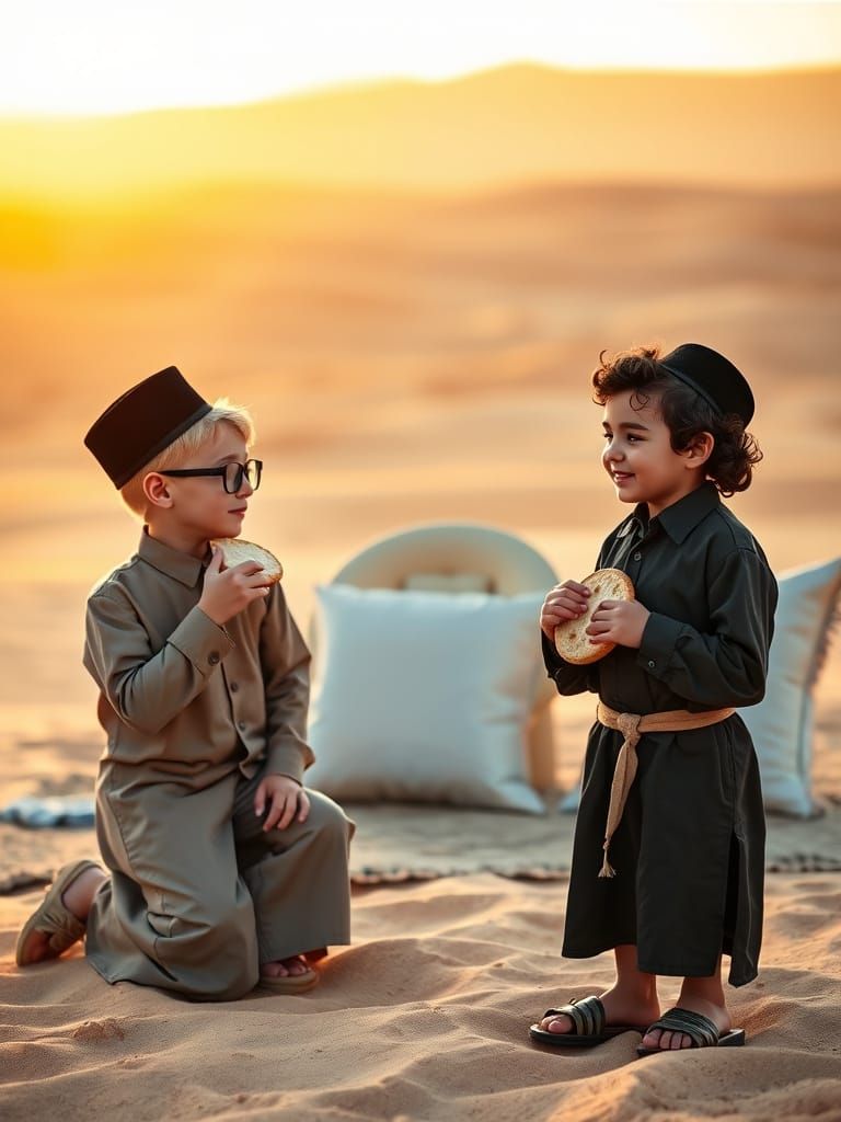 Realistic Desert Sunset with Two Boys Eating Matzah
