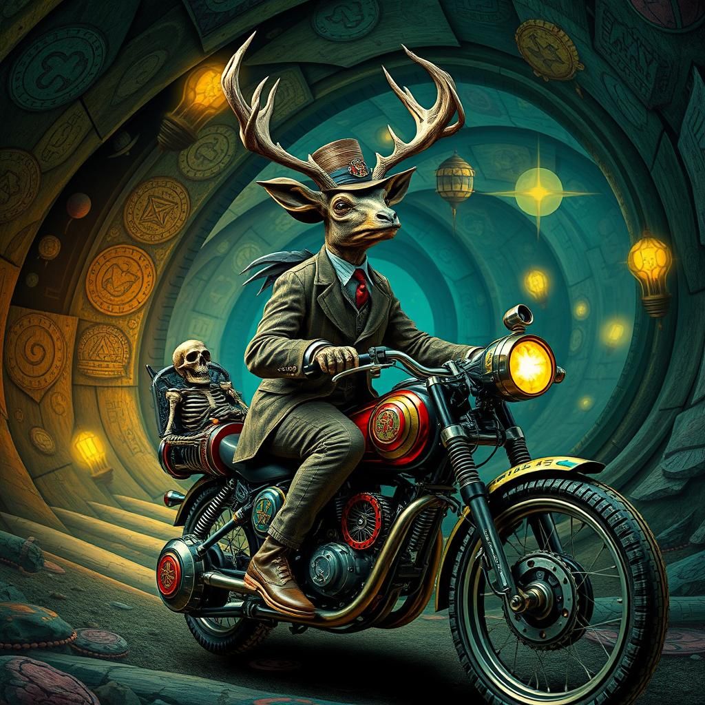 Antelope Scarecrow Rides Psychedelic Motorcycle
