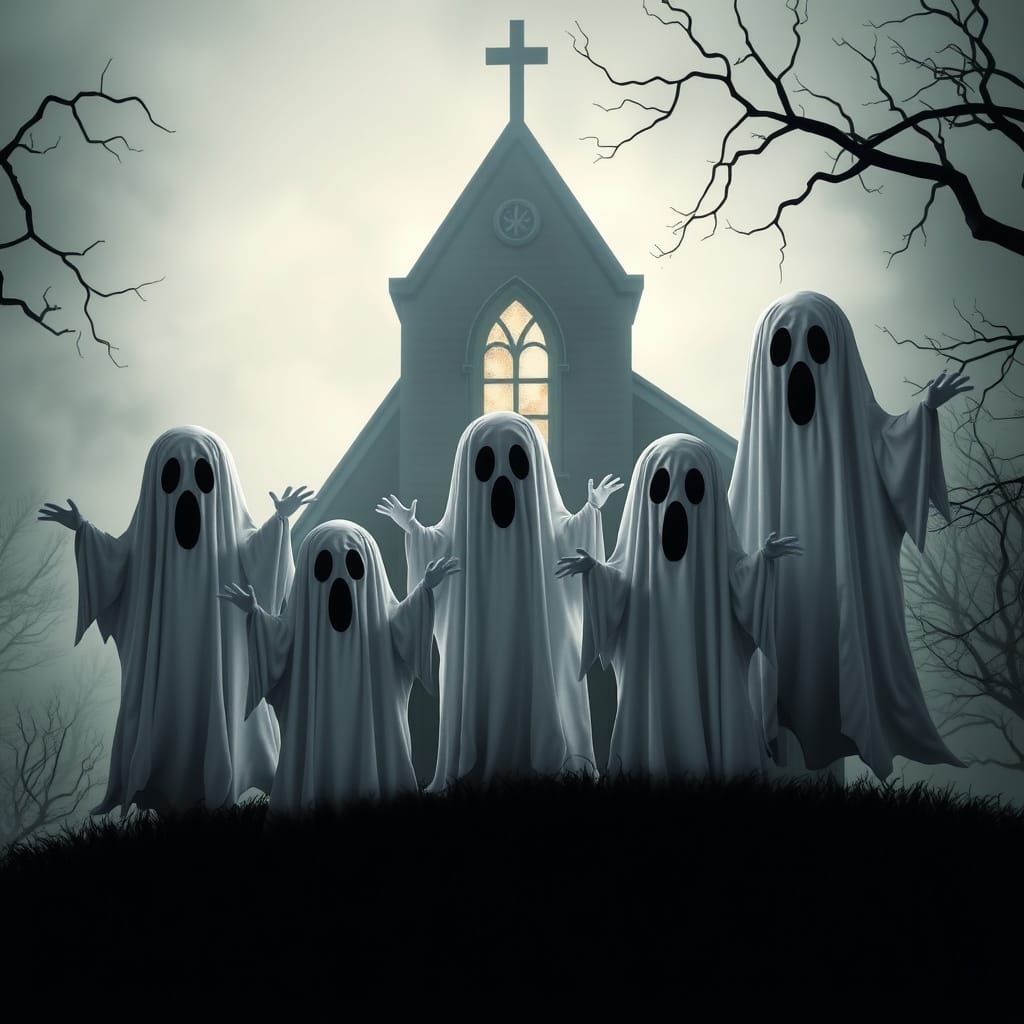 Whimsical Ghosts in Gothic Churchyard at Dusk