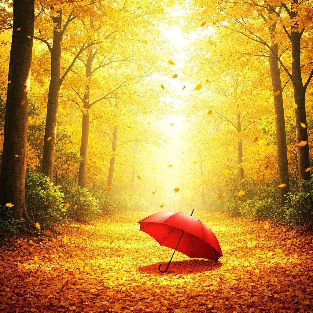 Autumn Forest Scene With Red Umbrella In Anime Style