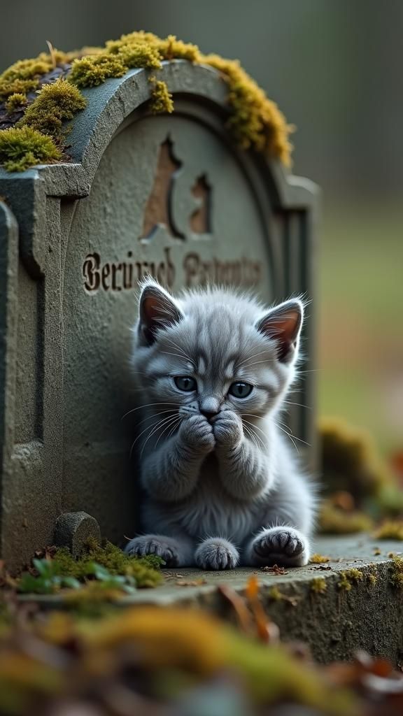 Grieving Kitten at Tombstone in Cinematic Style