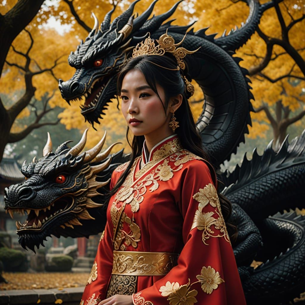Elegant Asian Bride Surrounded by Temple and Dragon