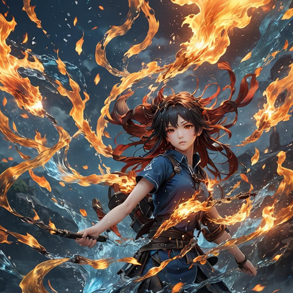 Dynamic Fire and Water Anime Art