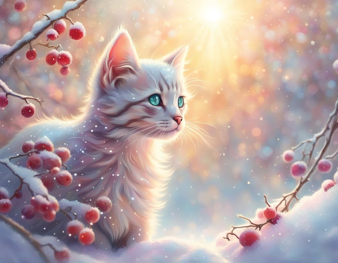 Pastel Kitten Playing in Winter Snow