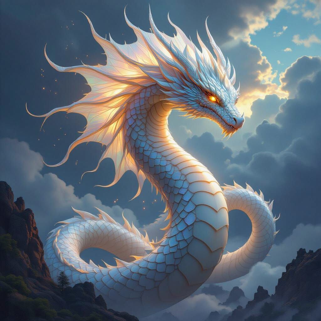 Majestic Cloud Wyrm with Iridescent Crests in Matte Painting...