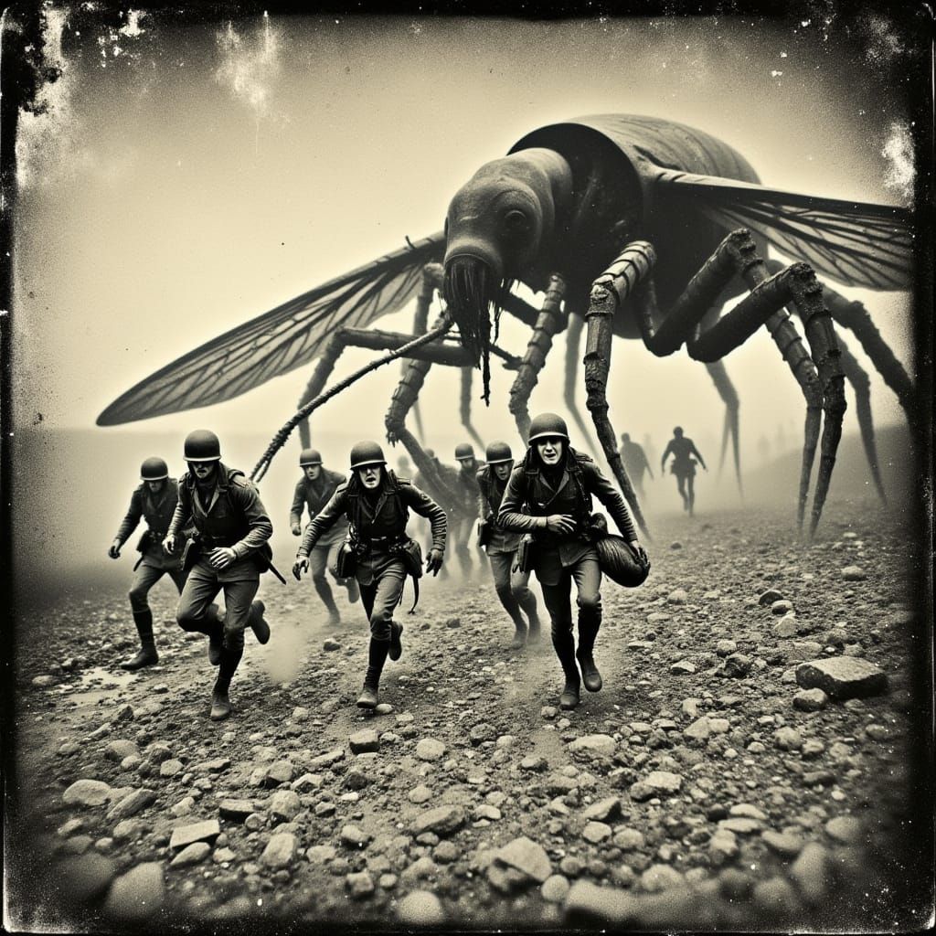 Frightened Soldiers Fleeing Mechanical Insectoid in Dark Sur...