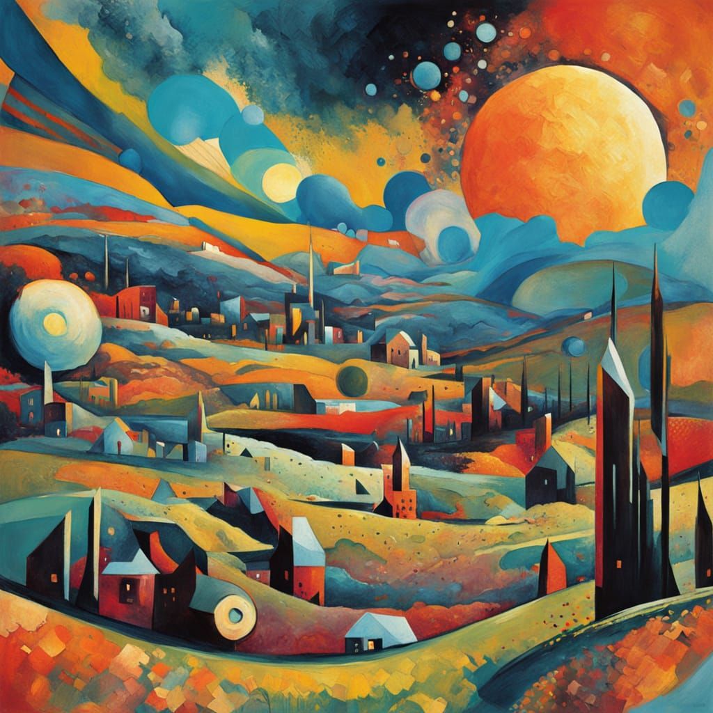 Futuristic Countryside Cityscape in Vibrant Geometric Patter...