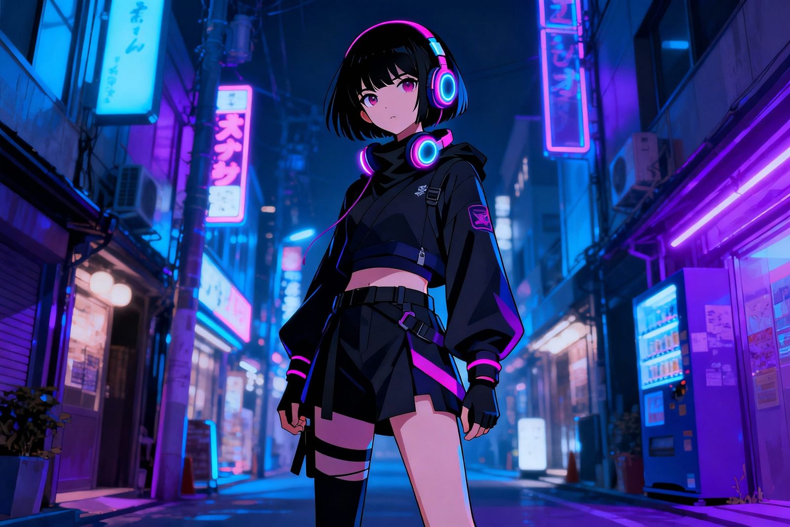 Teen Ninja Girl in Neon Japanese City Street