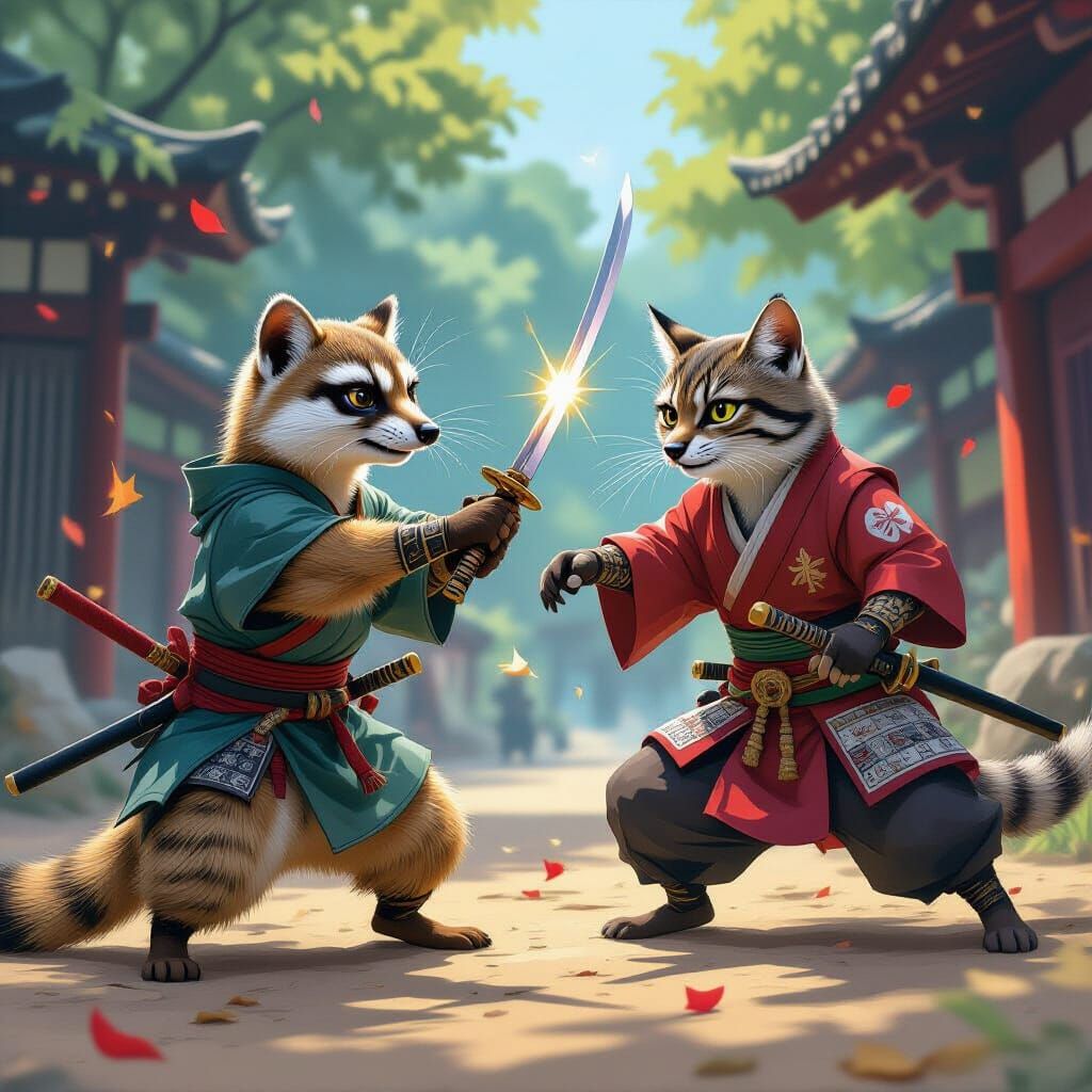 Ninja Meerkat vs Samurai Cat: Hyperrealistic Splash Art