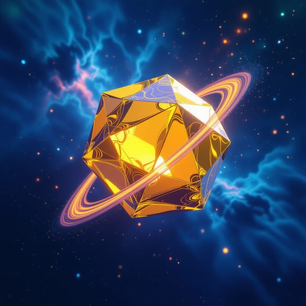 Dodecahedron Crystal Soaring Through Space in Matte Painting...