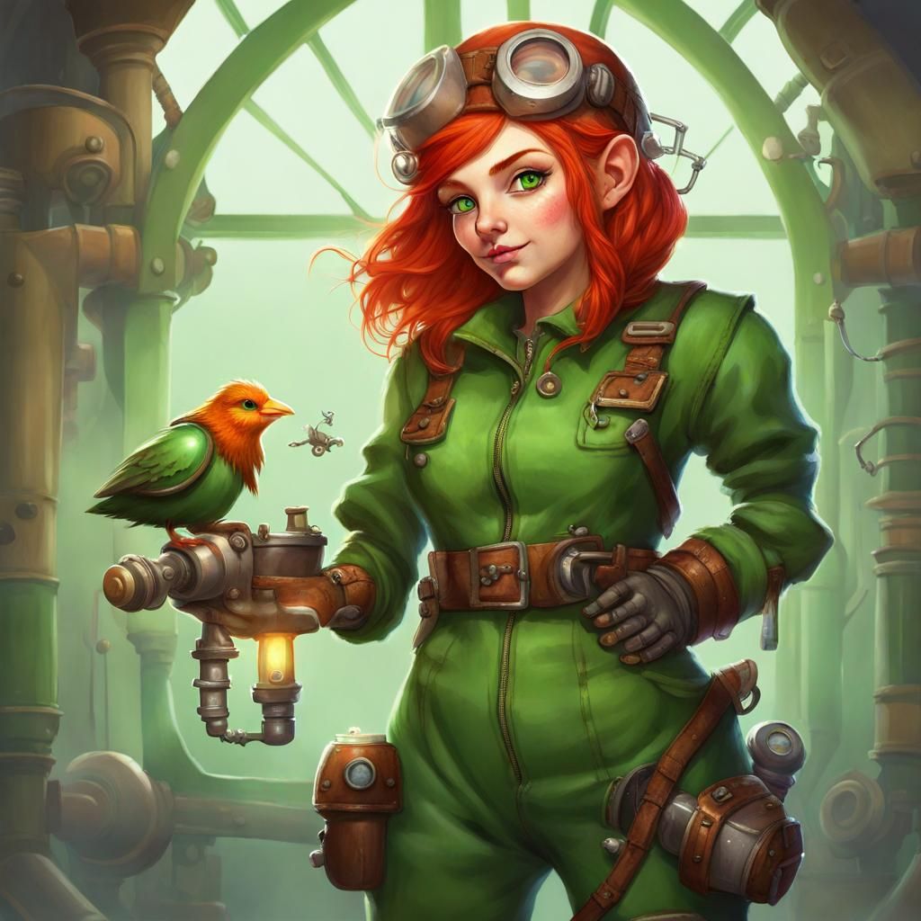 Gnome Artificer Klytie with Robotic Bird: Fantasy Art