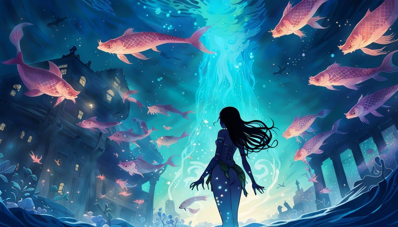 Underwater Cityscape with Mermaid in Ukiyo-e Style