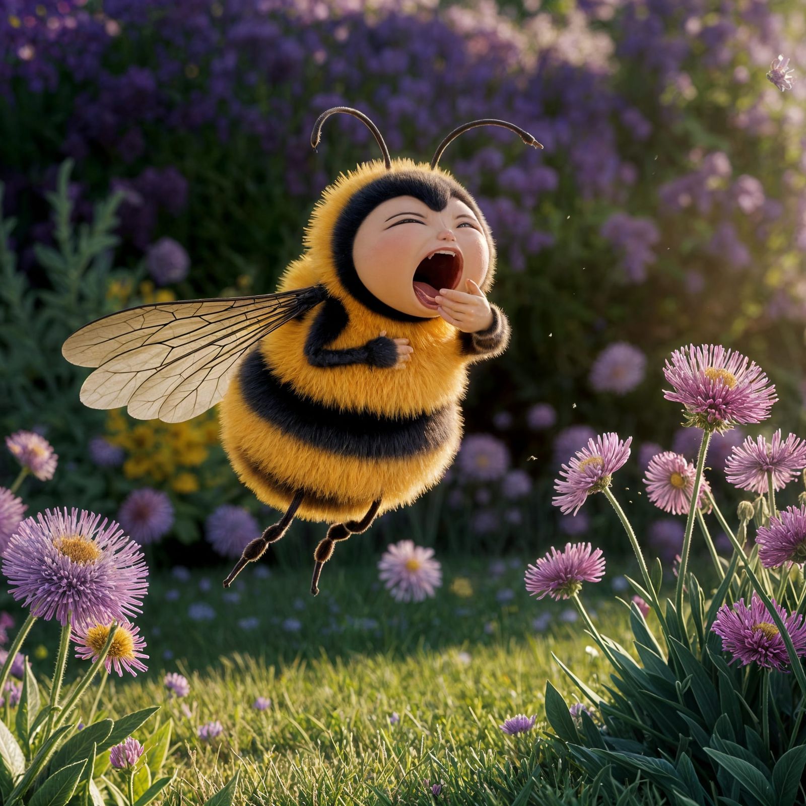 Whimsical Bumblebee Yawns in Sunny Garden, Pixar Style