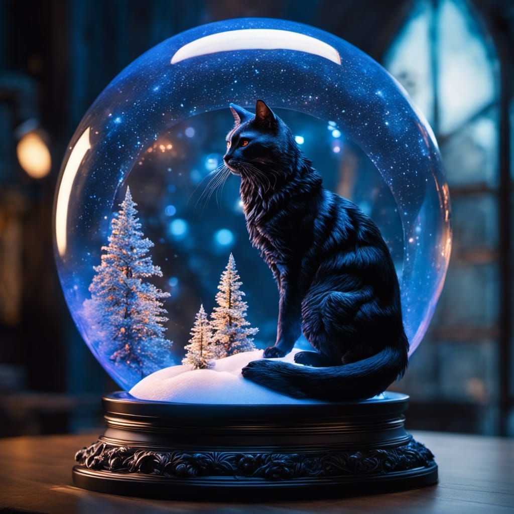 Ethereal Black Cat in Snow Globe: Halloween Art