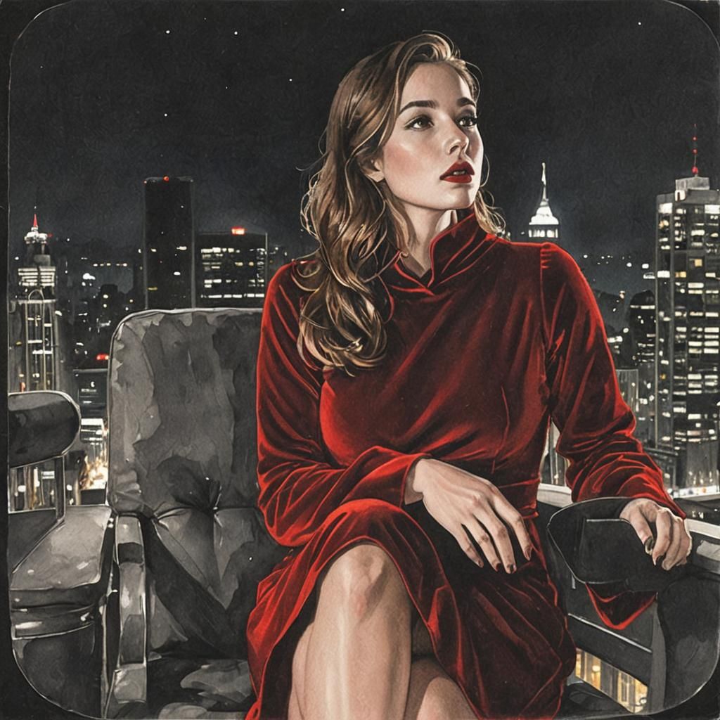 Elegant Woman in Red Dress at Night