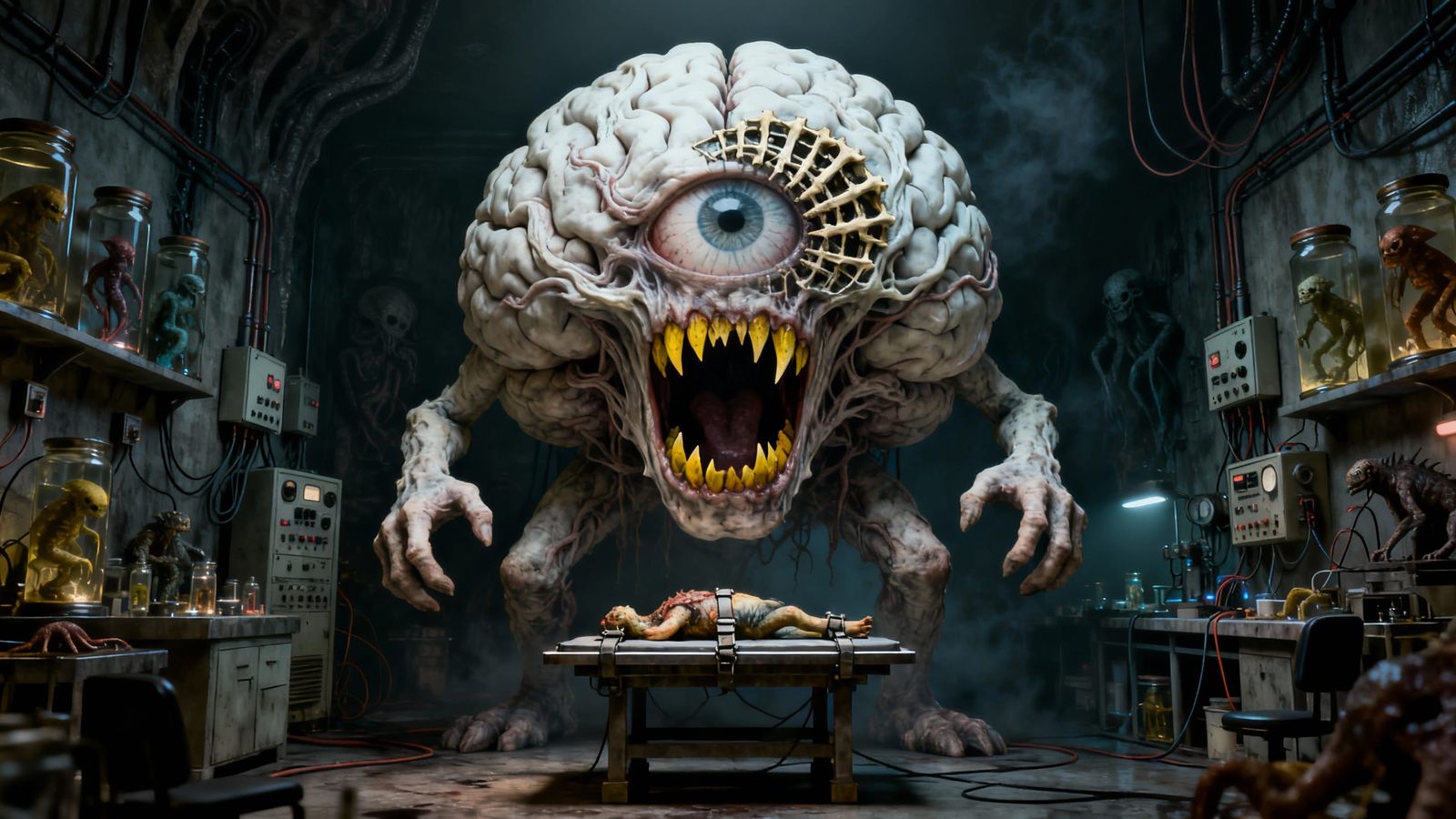 Evil Walking Brain in Laboratory, Giger-Inspired