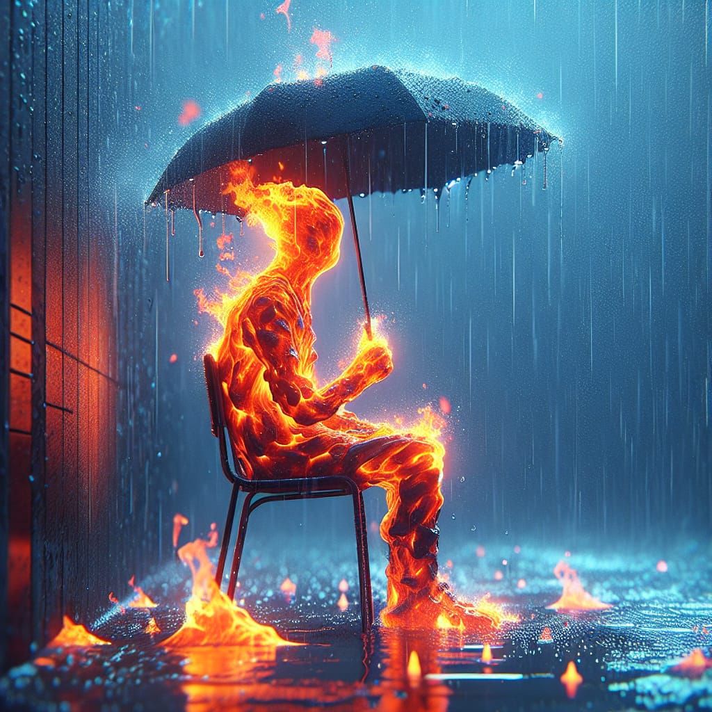 Fire Spirit in Rain: Molten Lava Humanoid