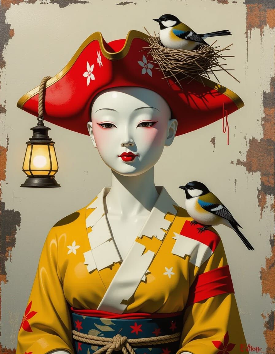 Bald Japanese Figure in Pirate Hat with Nest, Impasto Style