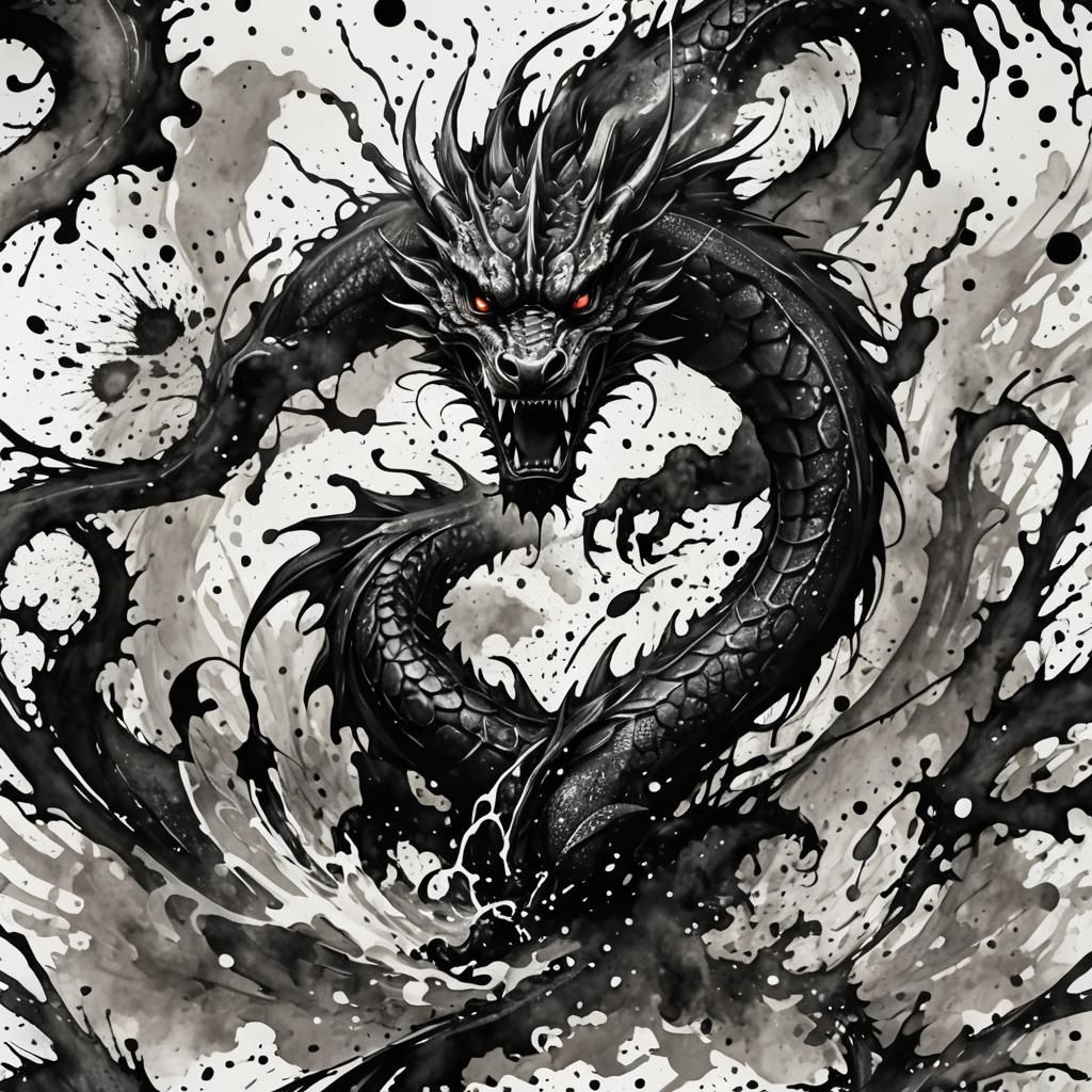 Majestic Dragon Emerges in Sumi-e Ink Splatter