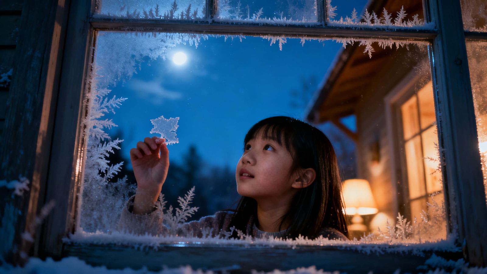 Girl Views Night Sky Through Frosty Window