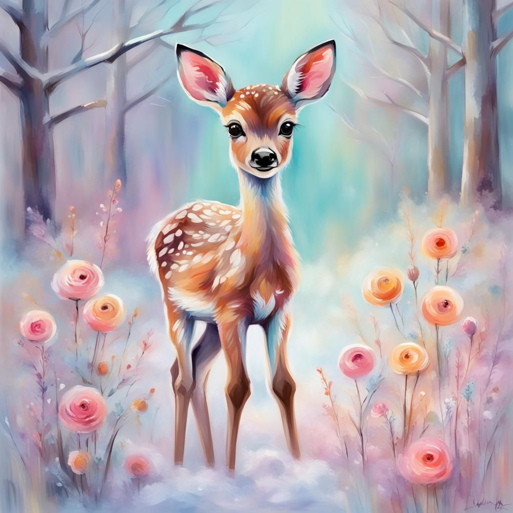 Pastel Fawn in Winter Landscape: Surreal Pastel Art