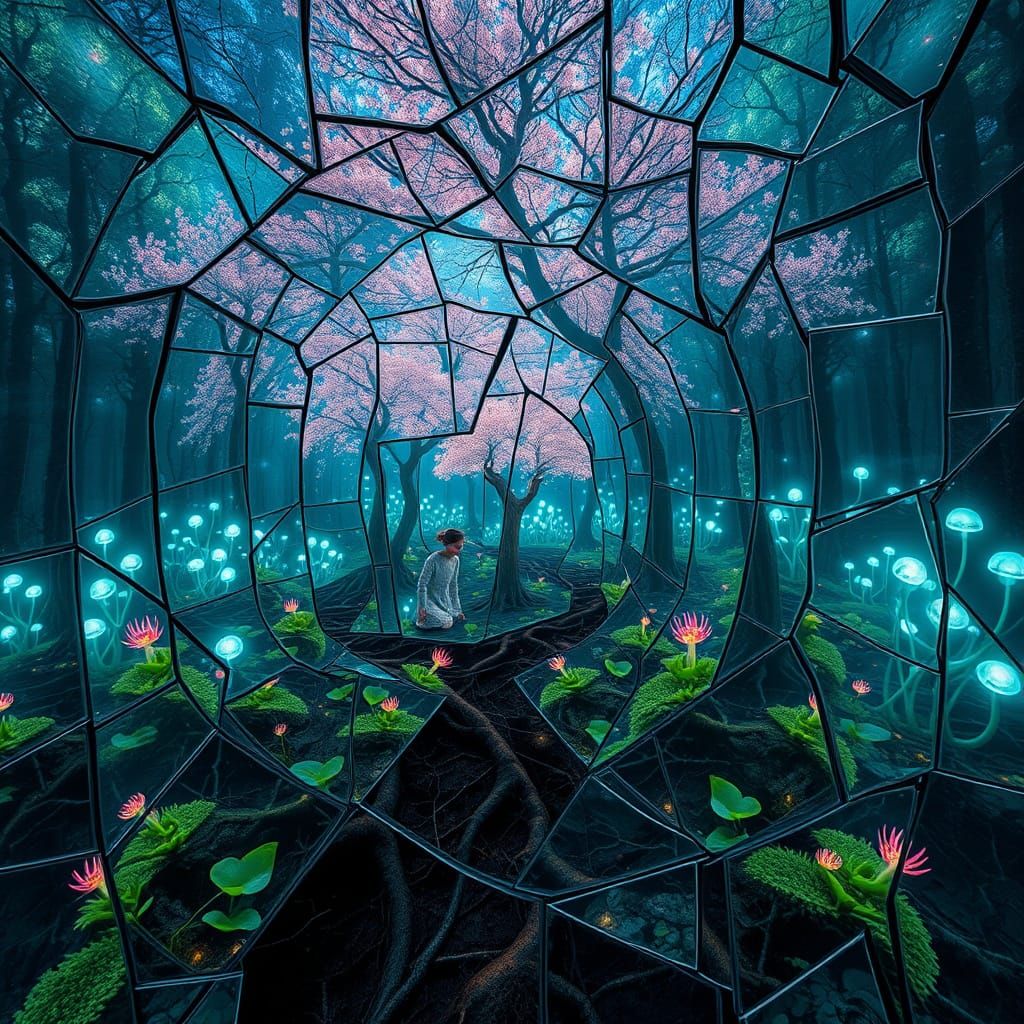 Surreal Mirror Labyrinth with Bioluminescent Plants