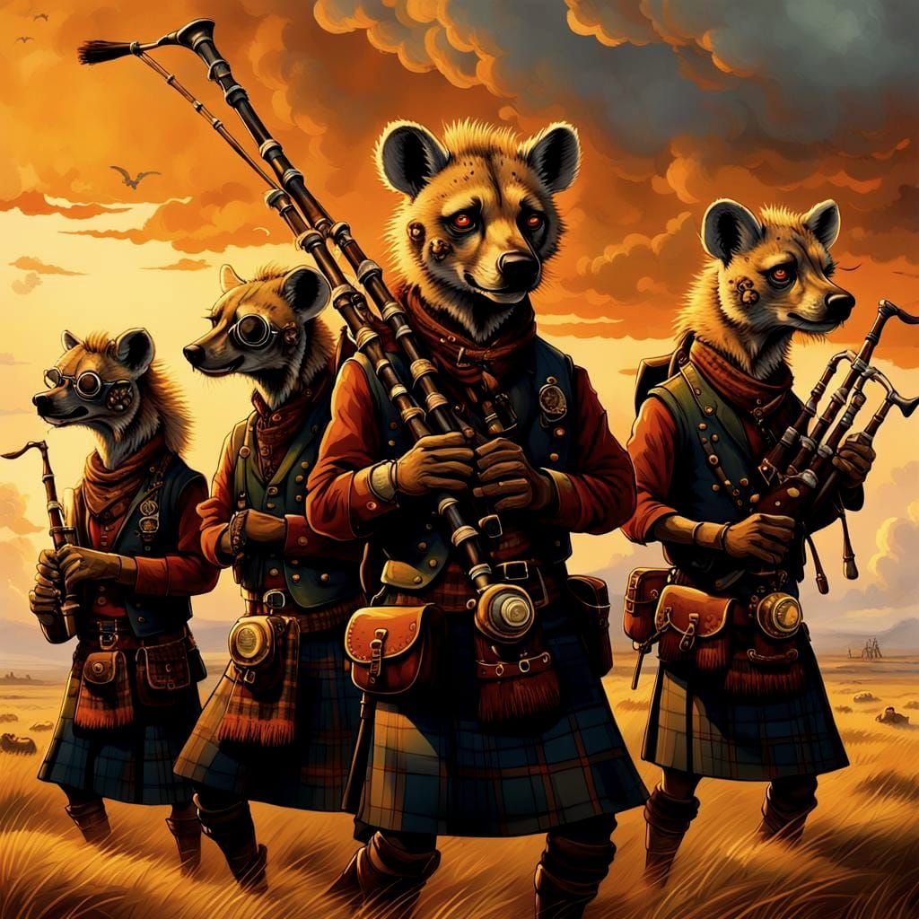 Hyenas in Kilts Playing on African Plains