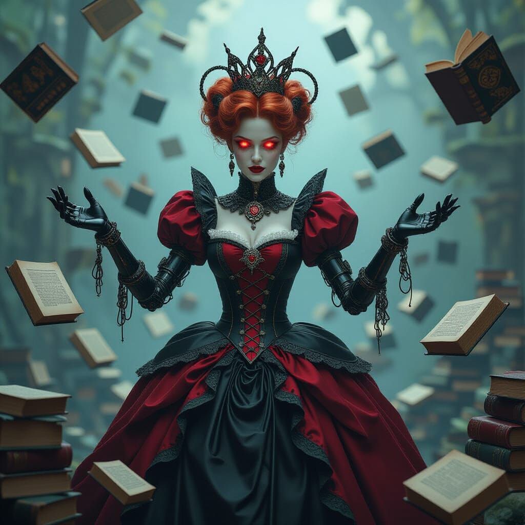 Queen of Hearts With Biomechanical Limbs in Dreamlike Landsc...