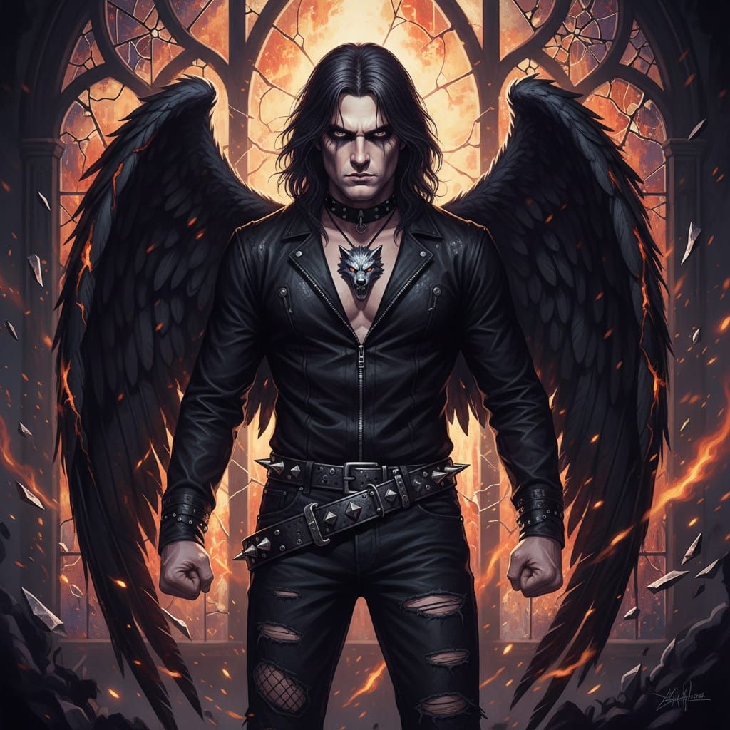 Gothic Archangel with Rock Star Eyeliner and Wolf Pendant