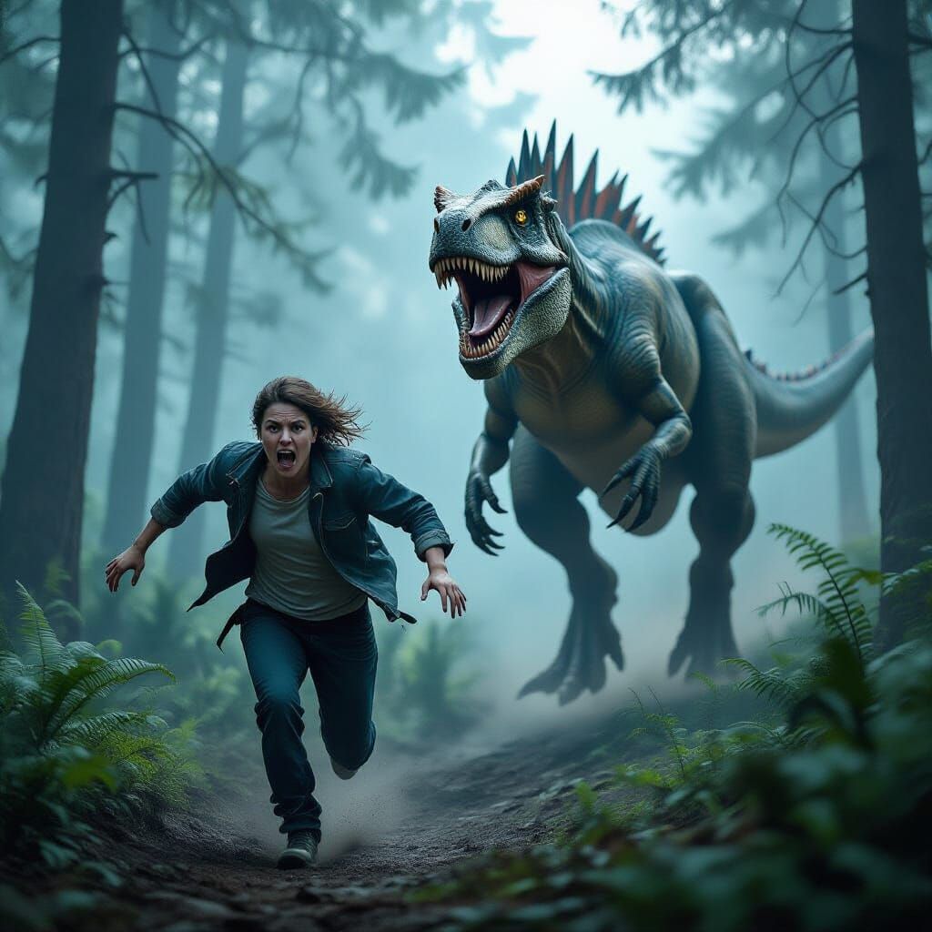 Terrified Human Flees Realistic Dinosaur in Misty Forest