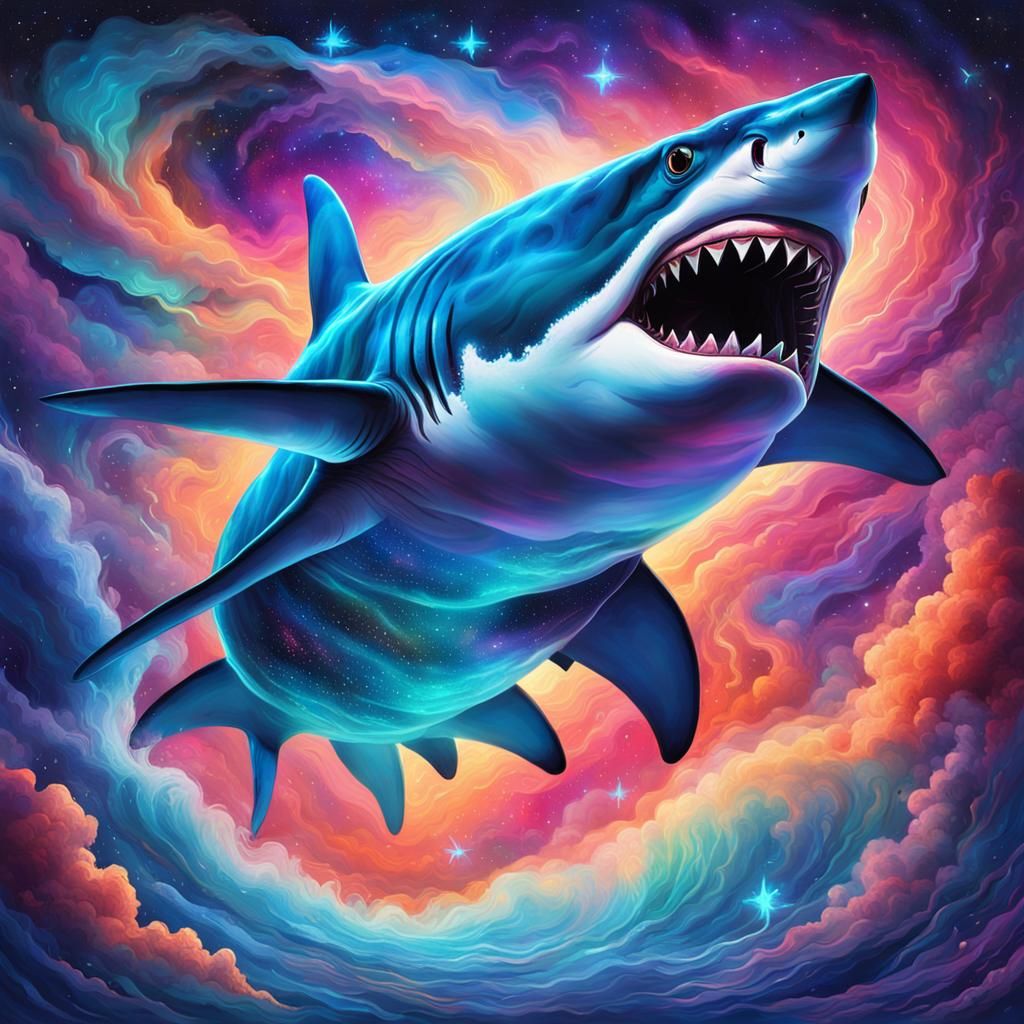 Ethereal Shark Floating in Space: Cosmic Illustration