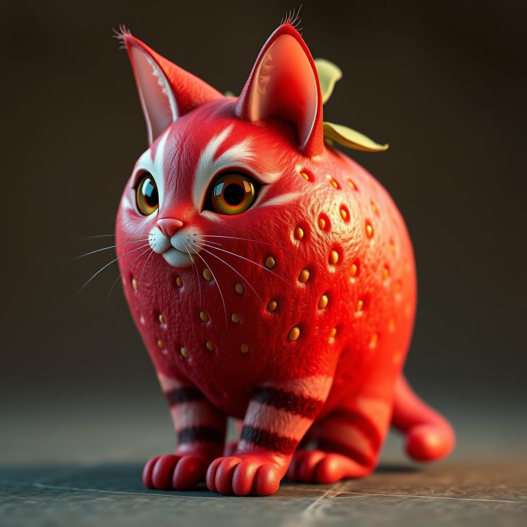 Whimsical Strawberry Cat Hybrid in Vibrant, Detailed Paintin...