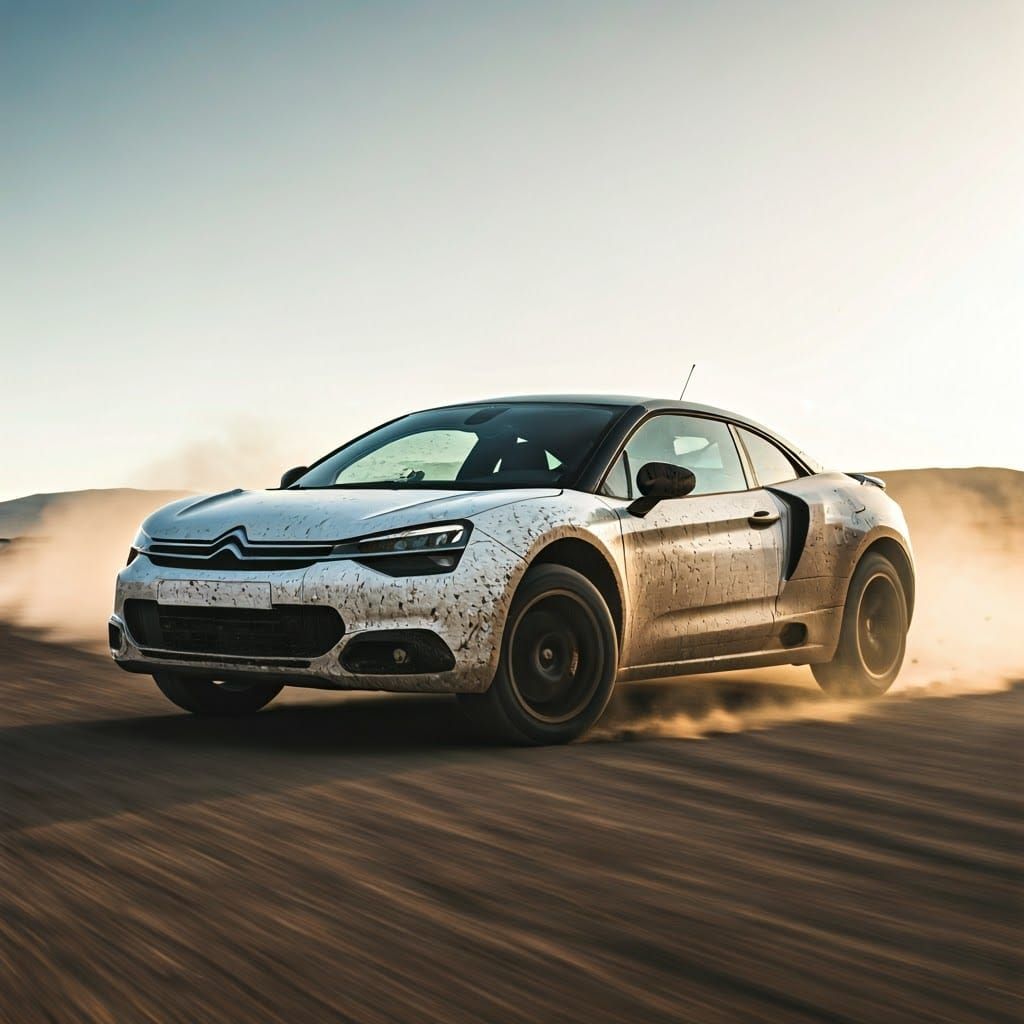 Epic Desert Drift: White Citroën Mc Laren in Dusty Cityscape