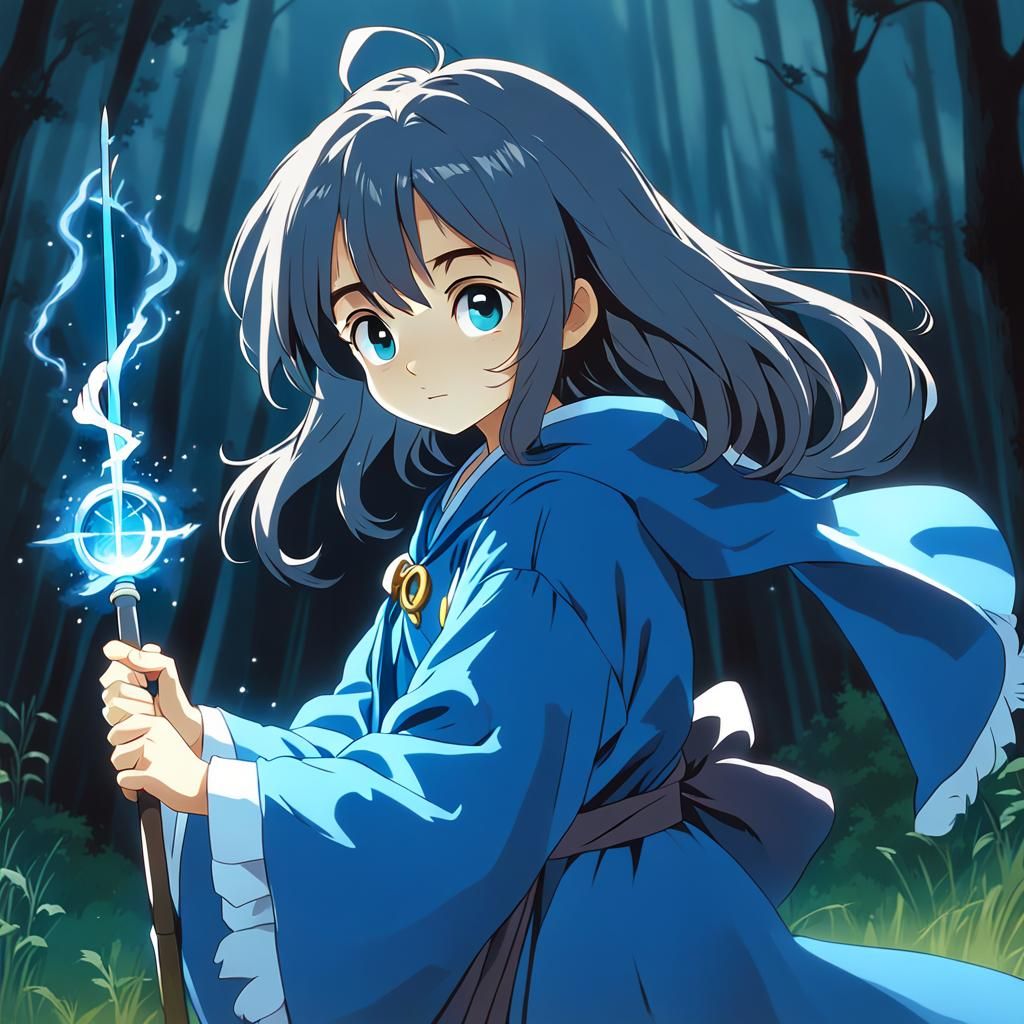 Cute Witch in Blue Robes Ghibli-Style