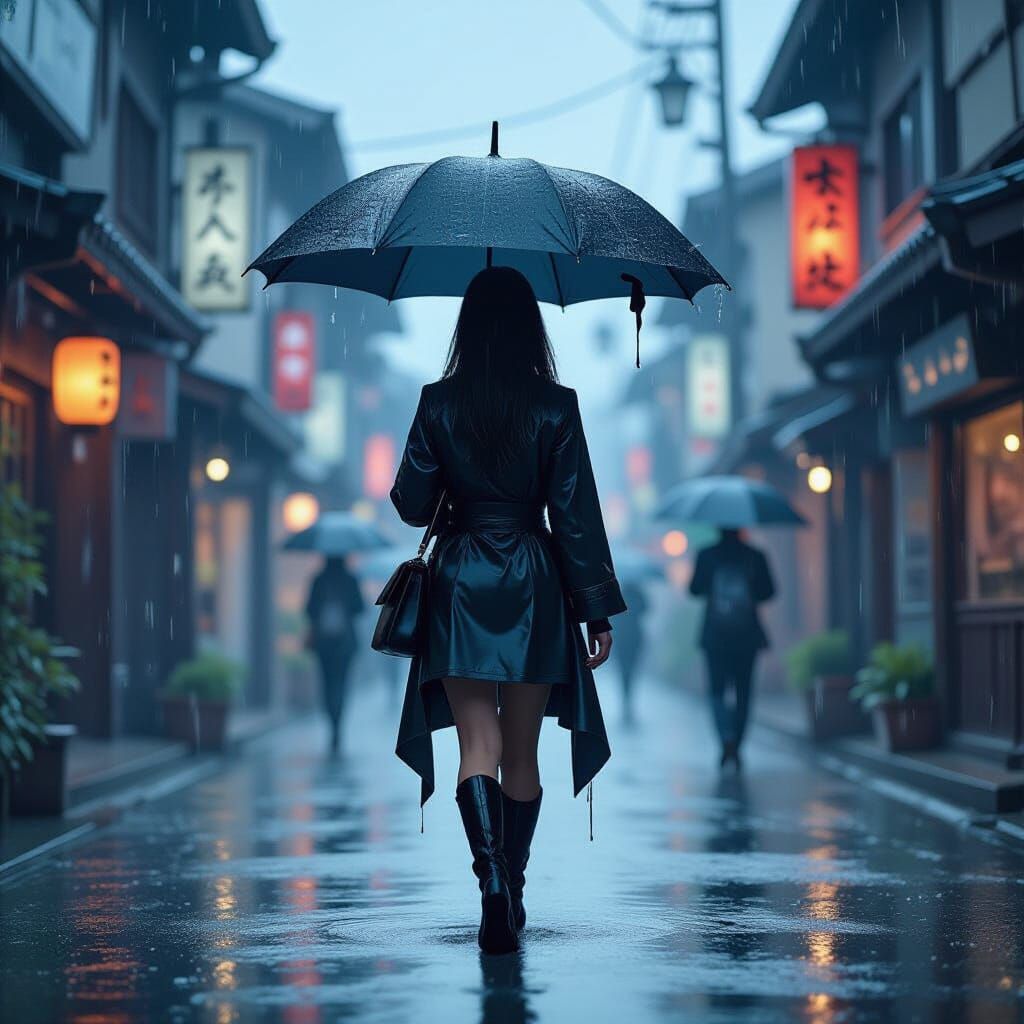 Japanese Woman with Umbrella in Rain, Ink Drip Style
