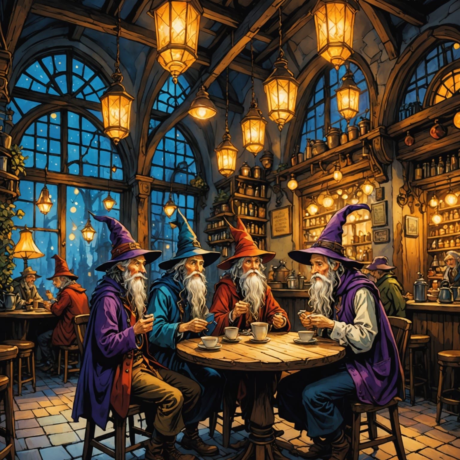 Cheerful Wizards in Enchanted Cafe