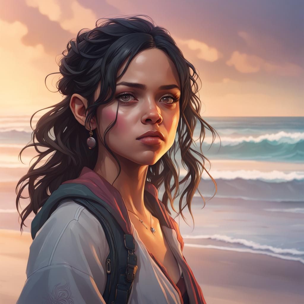 Jenna Ortega Portrait on Beach, Hyperrealistic Digital Art