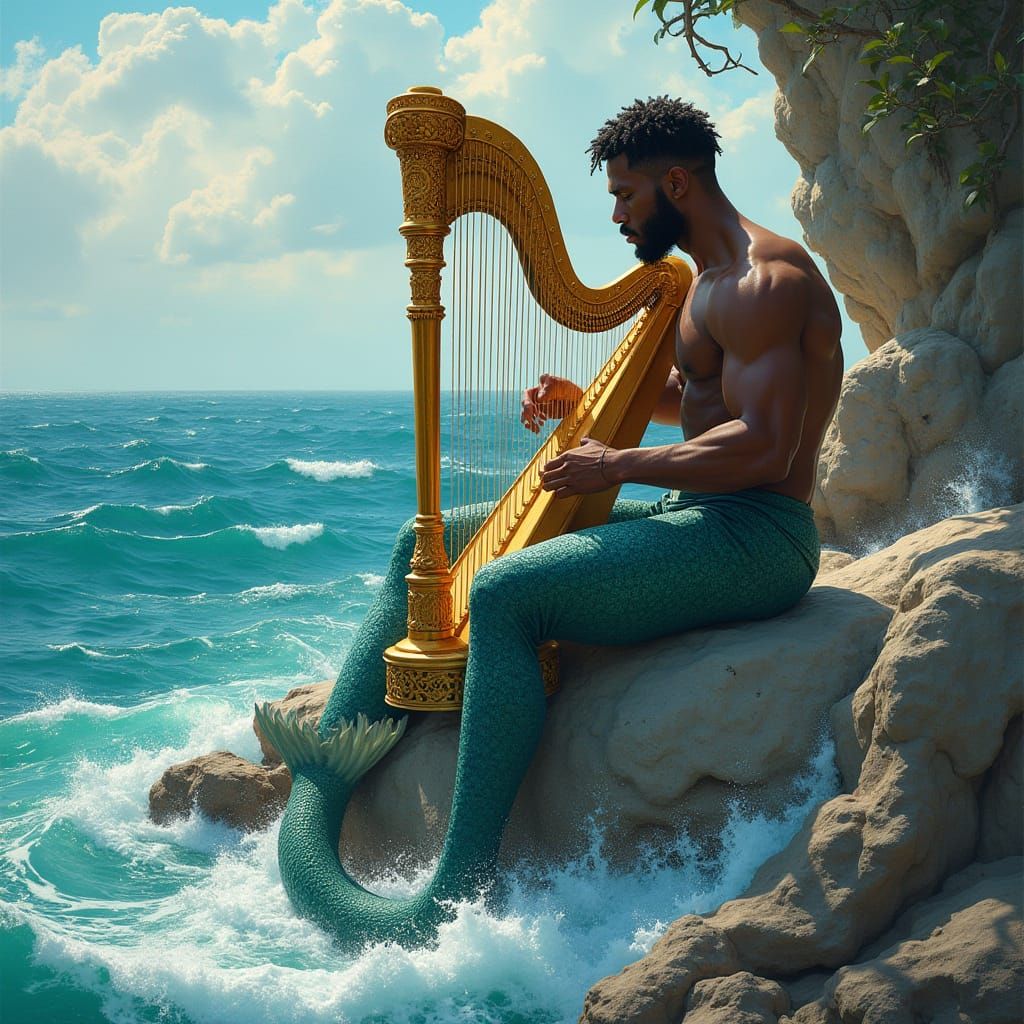 Majestic African American Merman Plays Golden Lever Harp Ami...