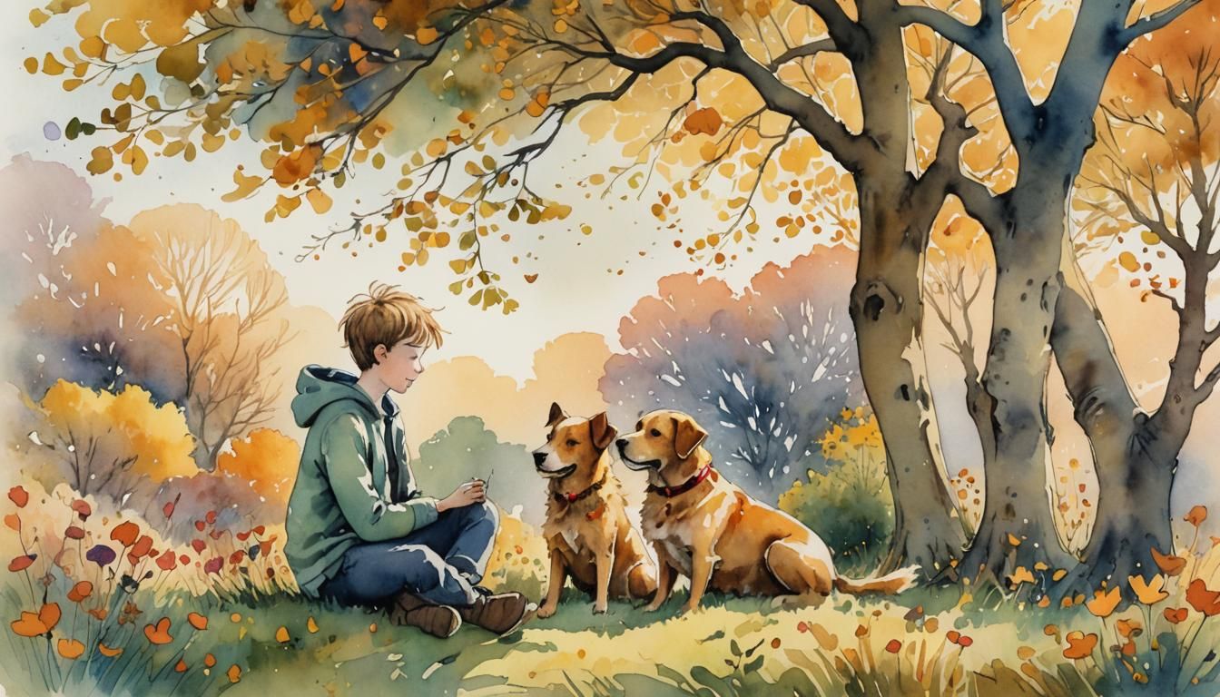 Boy and Dog in Meadow: Whimsical Watercolour Illustration