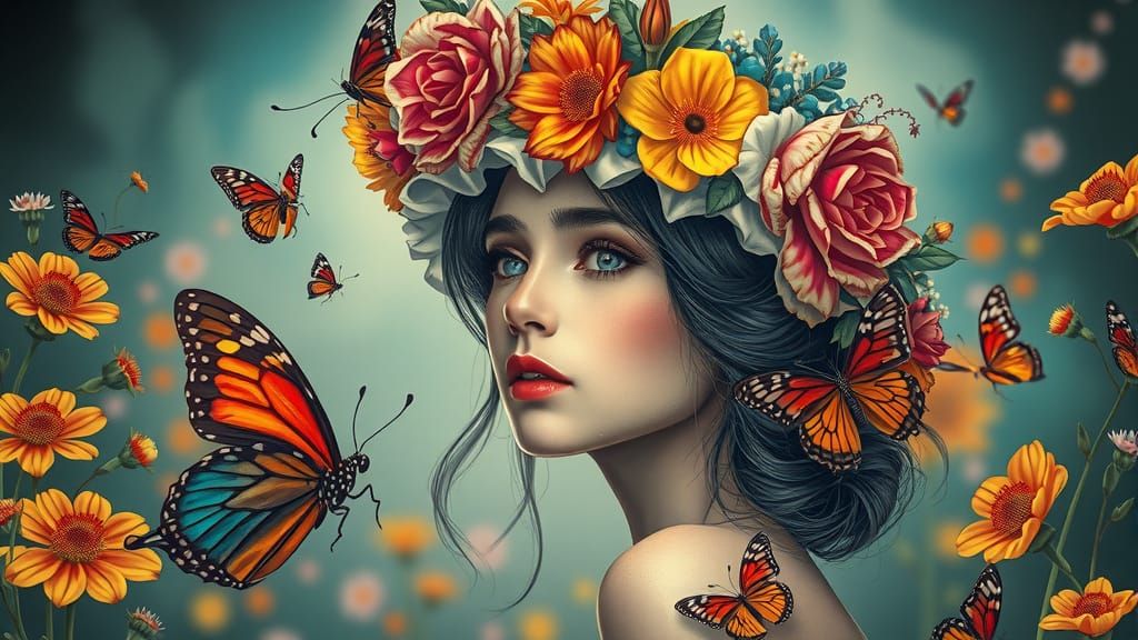 Woman in Floral Hat with Butterfly, Alcohol Ink Art