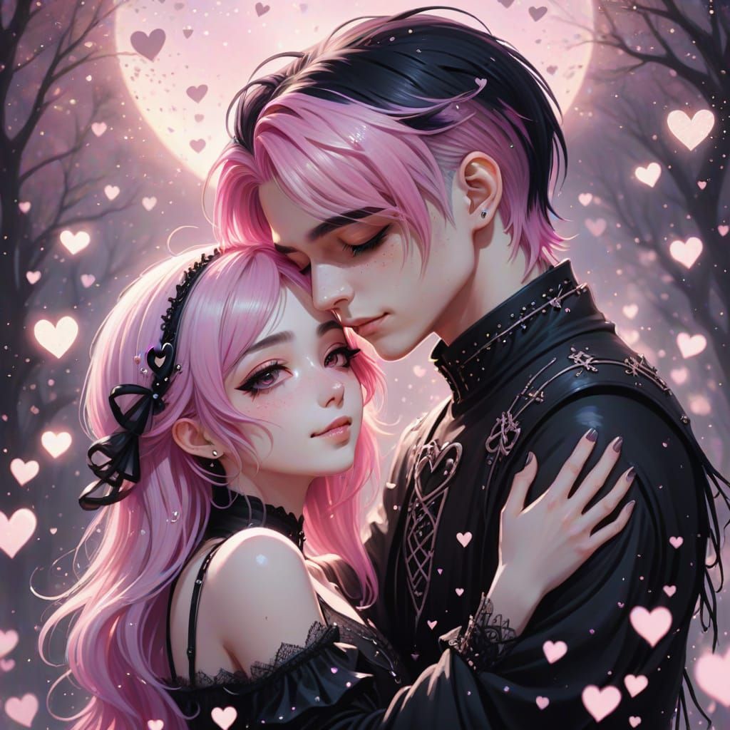 Goth Anime Couple Embrace in Pastel Dreamscape
