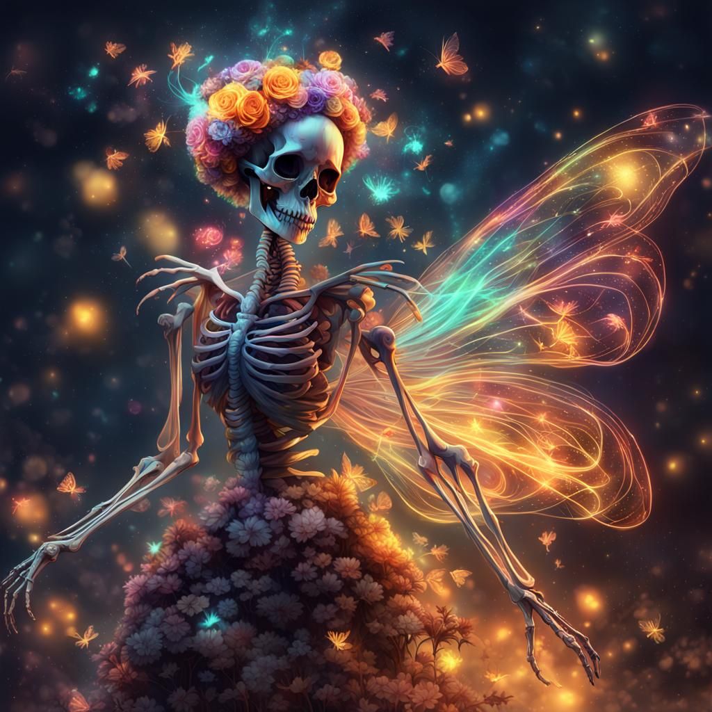 Fairy Skeleton Diagram with Magic Smoke and Neon Effects