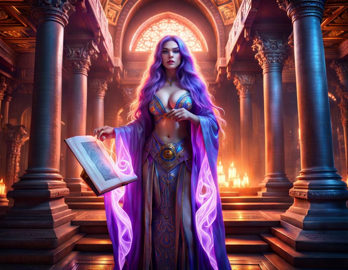 Epic Temple Scene with a Magical Sorceress