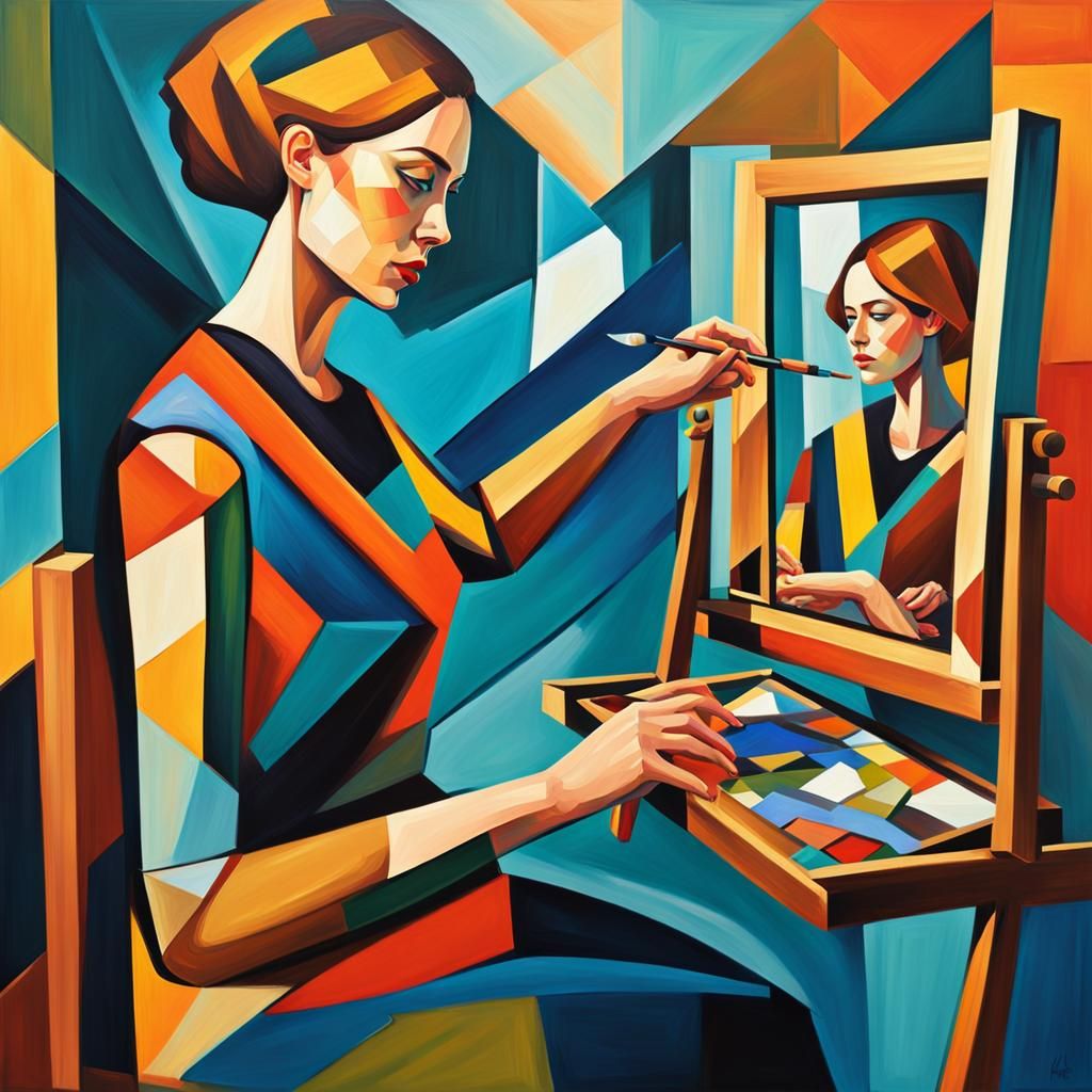 Cubist Portrait of Girl Painting Self-Portrait