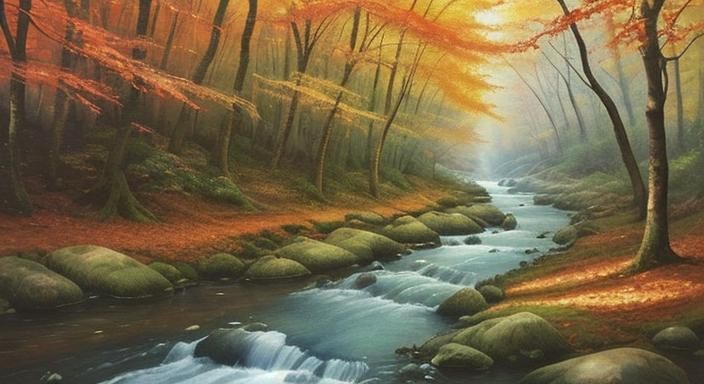 Watercolor Autumn Forest Stream in Vivid Colors